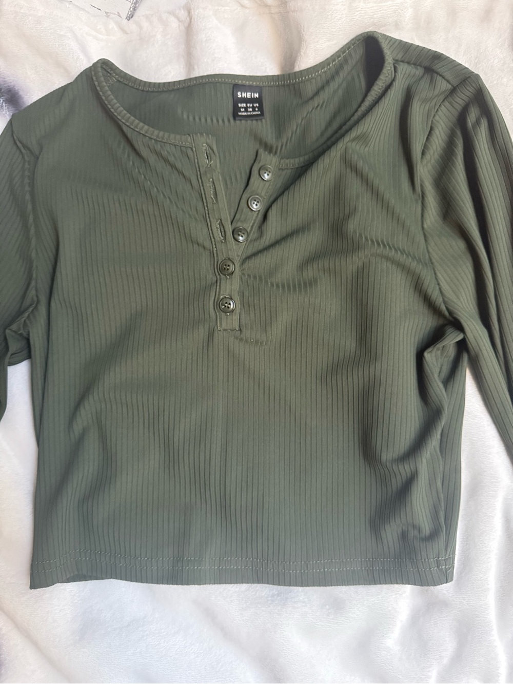SHEIN Olive Ribbed Henley Long Sleeve Top